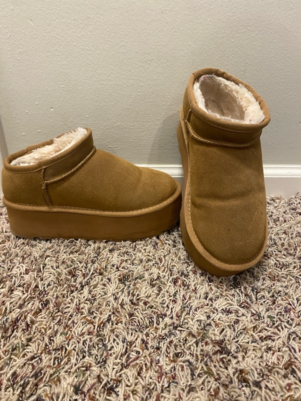 Amazon Tan Faux Suede Platform Ankle Booties with Shearling Lining